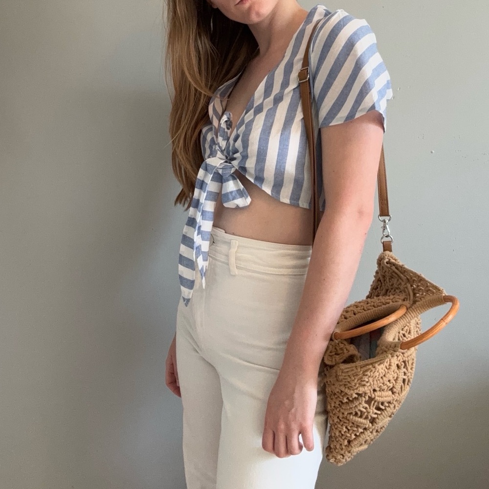 SHEIN Nautical Front Tie Stripe Blouse Top - Picture 4 of 5